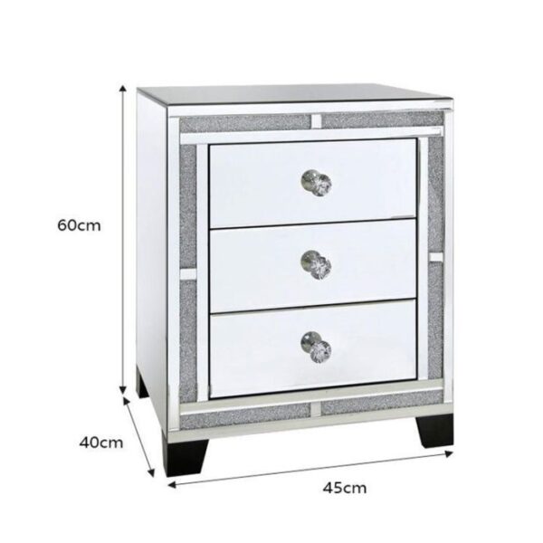 Diamond Glitz 3 Drawer Silver Mirrored Glass Bedside Table Cabinet